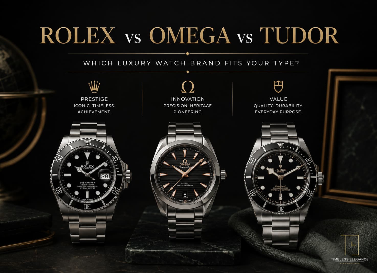 Article cover — Rolex vs. Omega vs. Tudor: Which Luxury Watch Brand Fits Your Type? Three watches stand side by side on dark marble — a Rolex Submariner, an Omega Seamaster Aqua Terra and a Tudor Black Bay — under the headings prestige, innovation and value