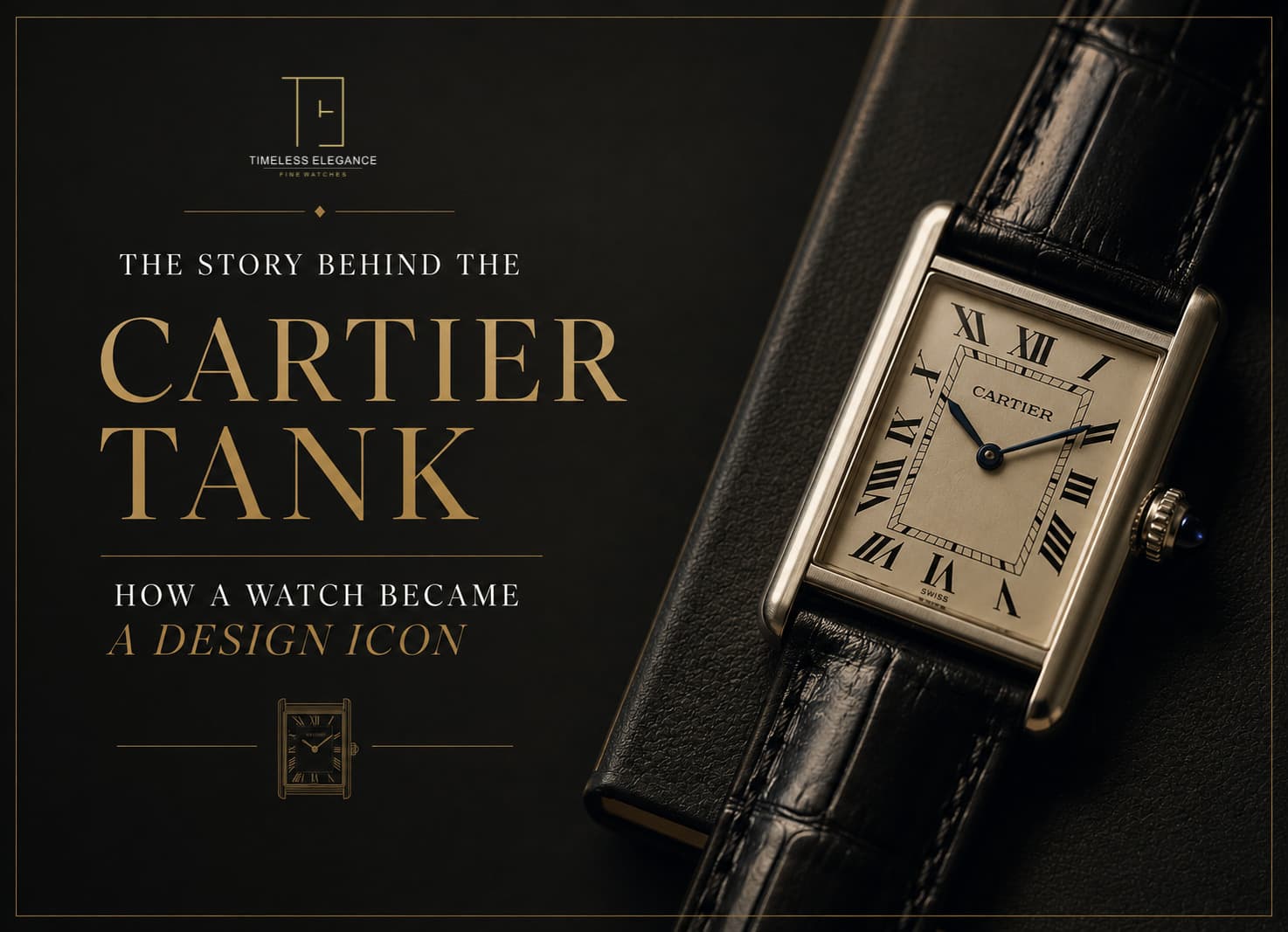 Article cover — The Story Behind the Cartier Tank: How a Watch Became a Design Icon. A gold Cartier Tank on a black alligator strap, its cream dial showing Roman numerals and blued sword hands, photographed on dark leather
